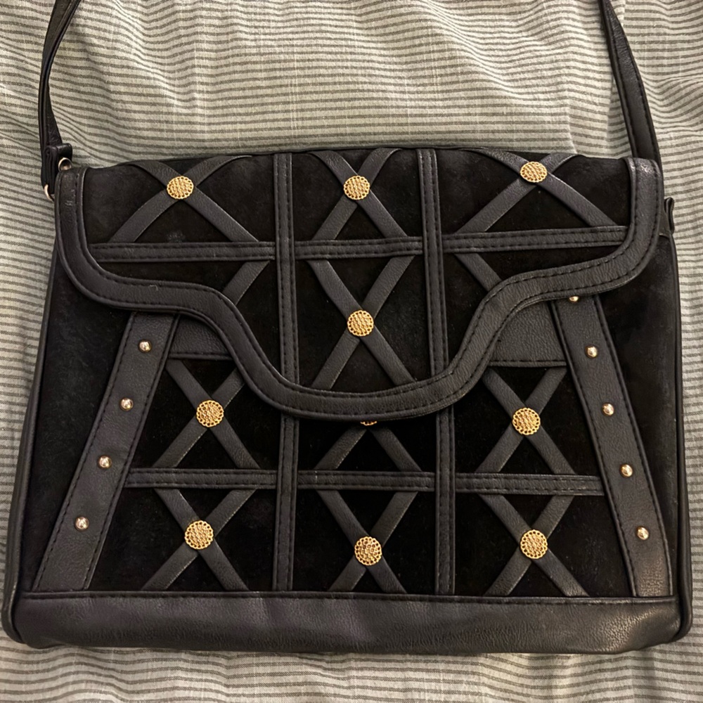 Vintage black leather and gold crossbody bag